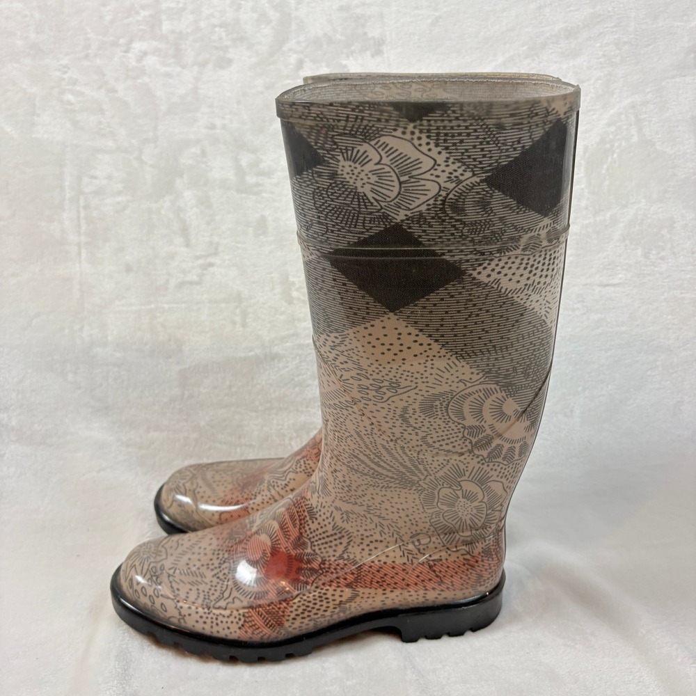 Burberry Rain Boots Women Size 40 Tan Nova Check Floral Tall Rubber GUC - Picture 2 of 14